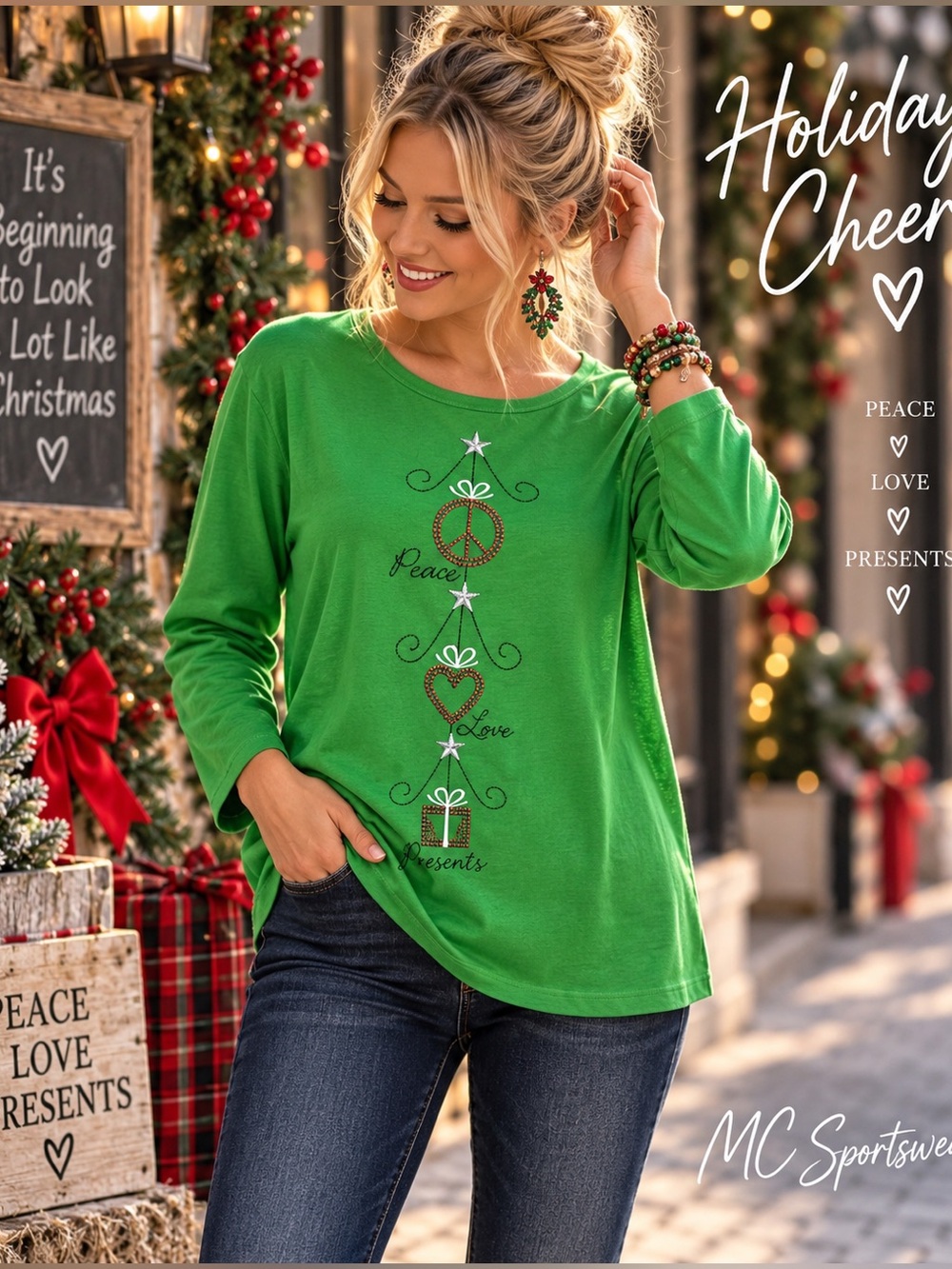 MC Sportswear Green Christmas Peace Love Presents Holiday Top Size L